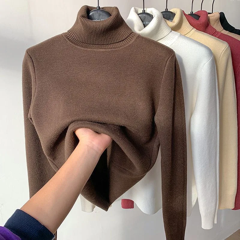 2024 musim gugur dan musim dingin baru tebal beludru Sweater wanita tinggi leher Pullover Sweater hangat Slim rajutan dasar Sweater jaket atasan