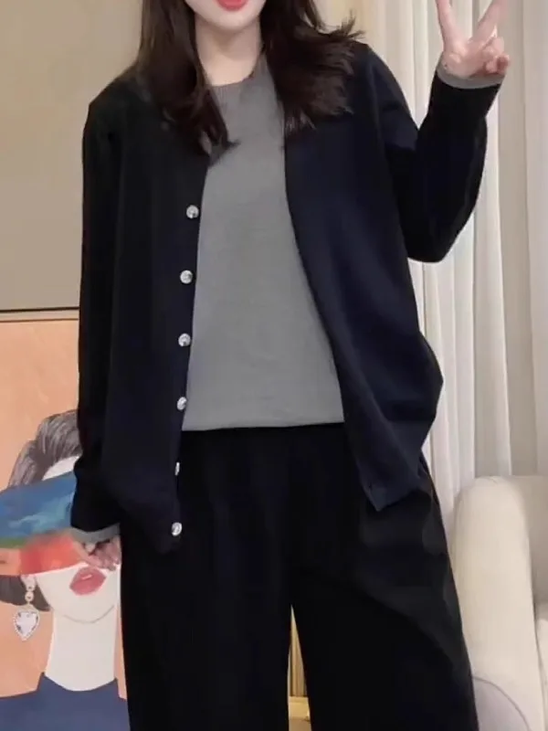 

plus Size Color Blo round Ne Knitted Open Cardigan Women's Loose Fit Soft Cozy Spring Sweater Top Fake Two-Piece Sle