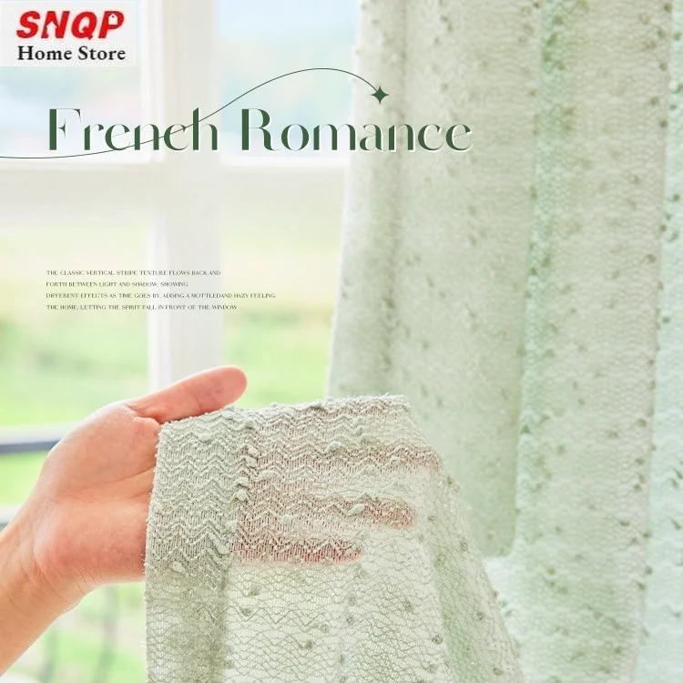 French retro high-end green fragrance Curtains for Living dining room bedroom luxury Custom Size sheer Inlaid silver wire