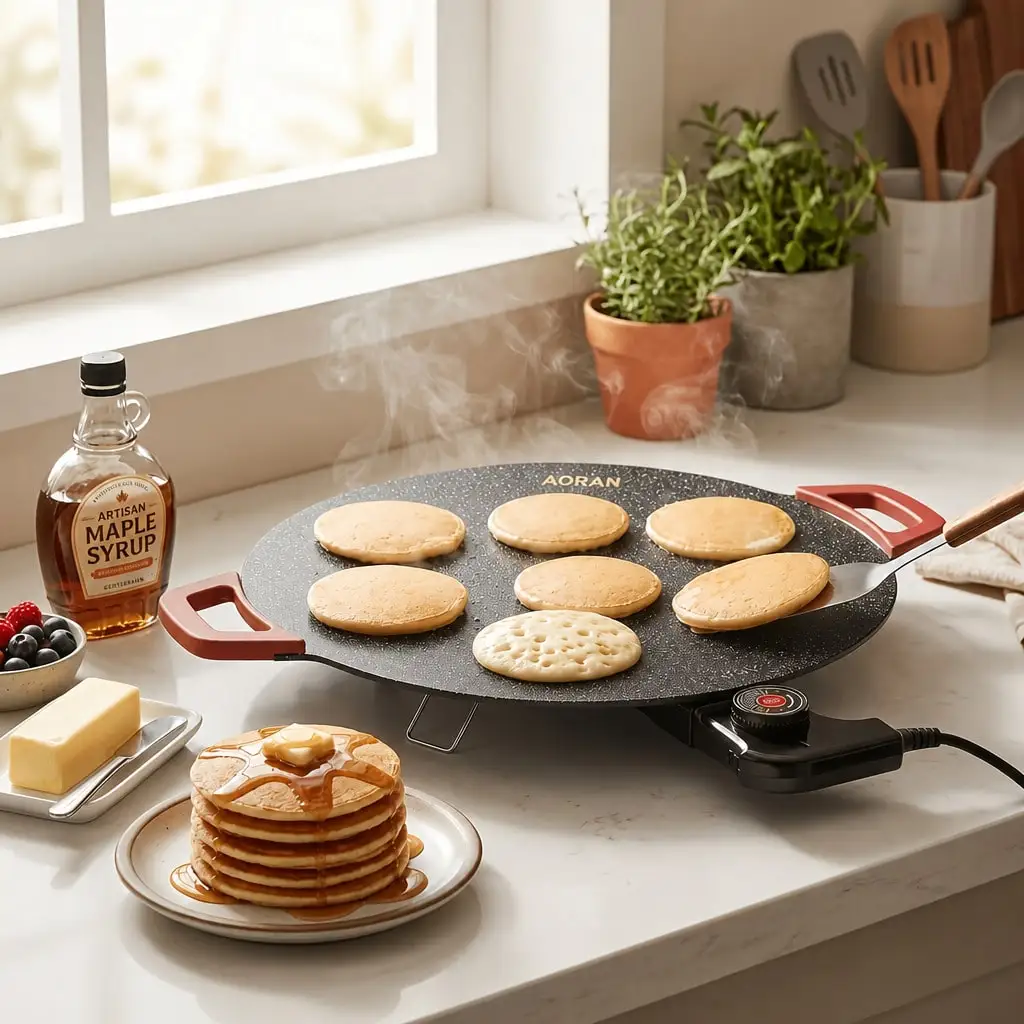 Electric Grill Pan With Red Handle, Indoor Electric Frying Pan, Household Barbecue Pan, Grill Pan, Non-Stick Pan, Outdoor Barbecue Pan. Adjustable Power Settings. Suitable For Breakfast And Family Gatherings.