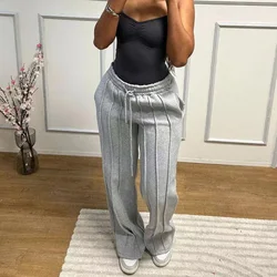 African Fashion Women Striped Ribbon Straight Wide Leg Pants 2024 Drawstring Street INS Casual Jogger Safari Trousers