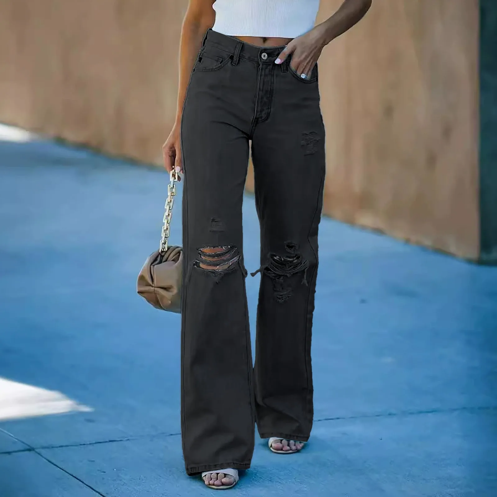

2025 Ripped Hole Jeans For Women High Waisted Straight Leg Pants Harajuku Denim Trousers Streetwear Baggy Jeans
