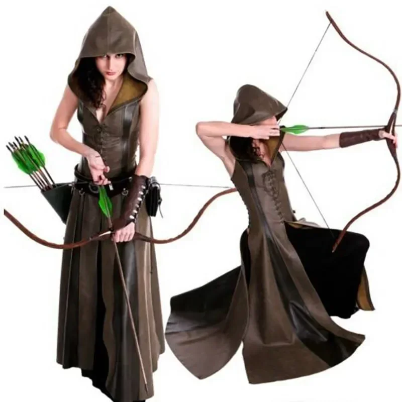 Disfraz Medieval de Larp Archer Ranger Elf para mujer, disfraz de guerrero para Halloween, Robin Hood, vestido de cuero con capucha, bata con capa