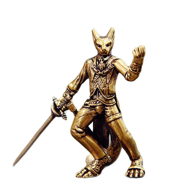 Cat with Sword Figurines Brass Statue Samurai Cat Desktop Tea Pet Ornament Home Decor