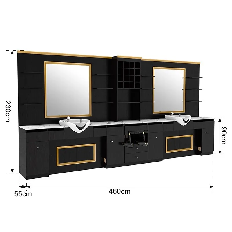 High-End Retro Wood Integrated Mirror Table Men's Hair Cutting Shampooing Eco-Friendly Commercial Salon Barber Shop Furniture