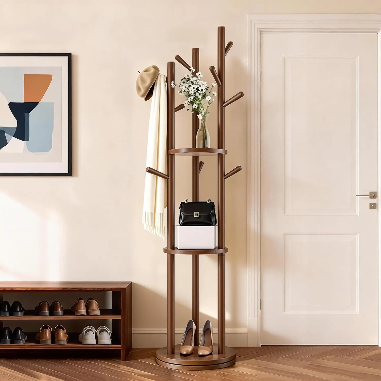 Handmade Cherry Wood Wall Coat Rack, 7 Unique Flip Hooks Coats Umbrellas Bags
