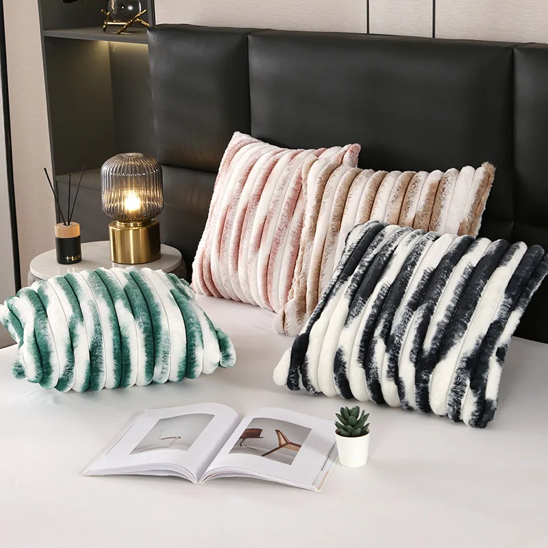 INS Nordic Style Pillowcase Cozy Imitation Rabbit Fur Cushion Cover Sofa Living Room Home Decor Fluffy Stripe Throw Pillow Cover