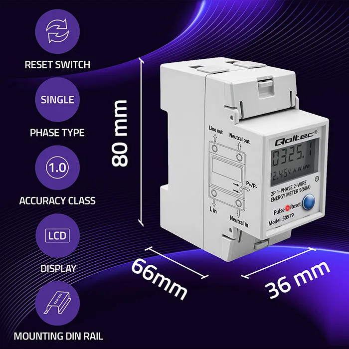 Qoltec Eenfasige elektronische energieverbruiksmeter voor DIN-rail RESET periodieke en vaste meter 230V | 60A | LCD-scherm | LED | 2P