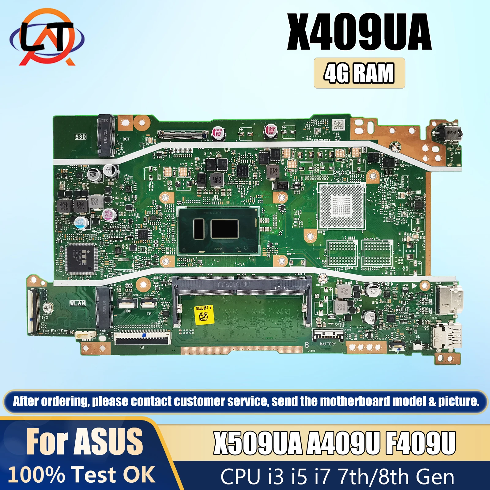 X409UA Laptop Motherboard For ASUS X509UA A409U F409U X409UB X509UB Mainboard With CPU i3 i5 i7 7th/8th Gen 4G-RAM Tested OK