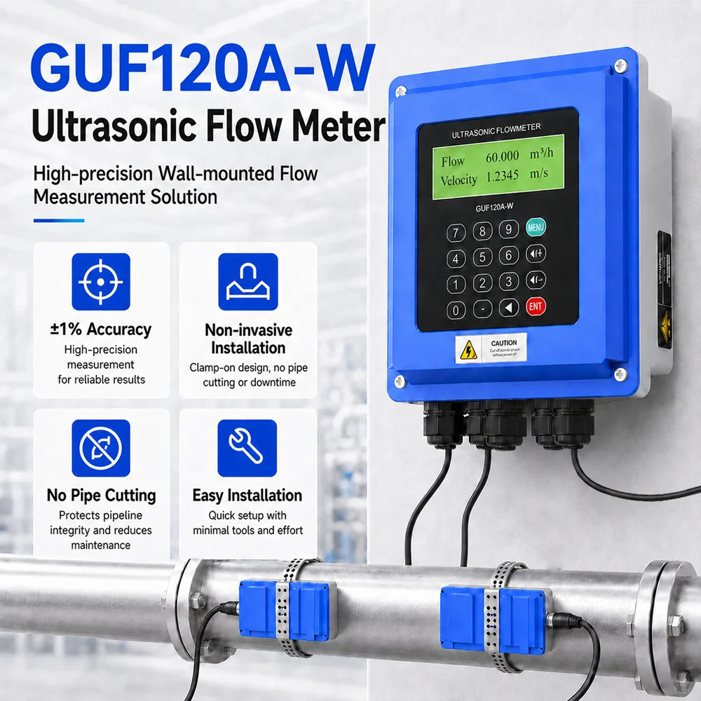 GAIMC GUF120A-W Smart Ultrasonic Flow Meter 3 Way 4-20mA Input Supports Multiple Pipe Materials Carbon Steel PVC