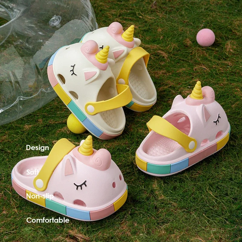 Children Slippers Hollow Shoes Cartoon Unicorn Platform Toes Wrapped Breatheable Kids Fashion Beach Sandals Slippers for Girls