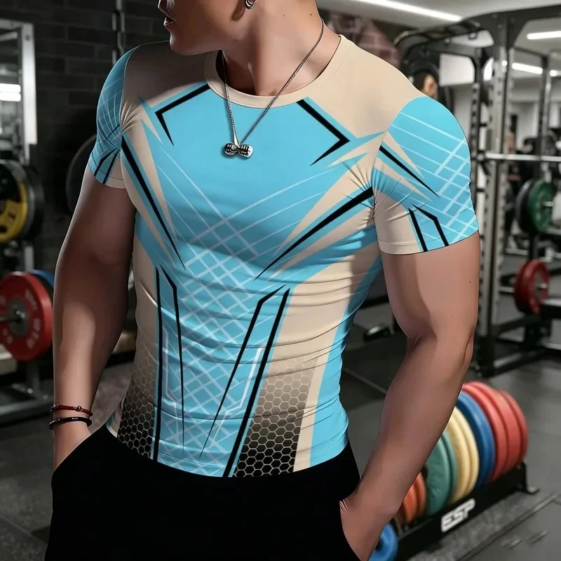 Men's Compression T Shirt 2026 Light Blue Beige Geometric Lines Elastic Panel Short Sleeve Gym Outdoor Sports