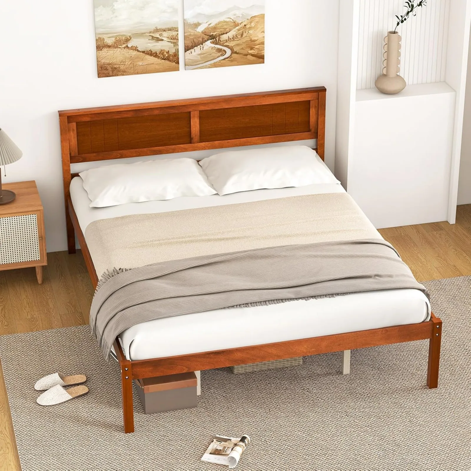 US Queen Wood Platform Bed Frame with Headboard, Mid Century Queen Bed Frame with Wood Slat Support, Solid Wood