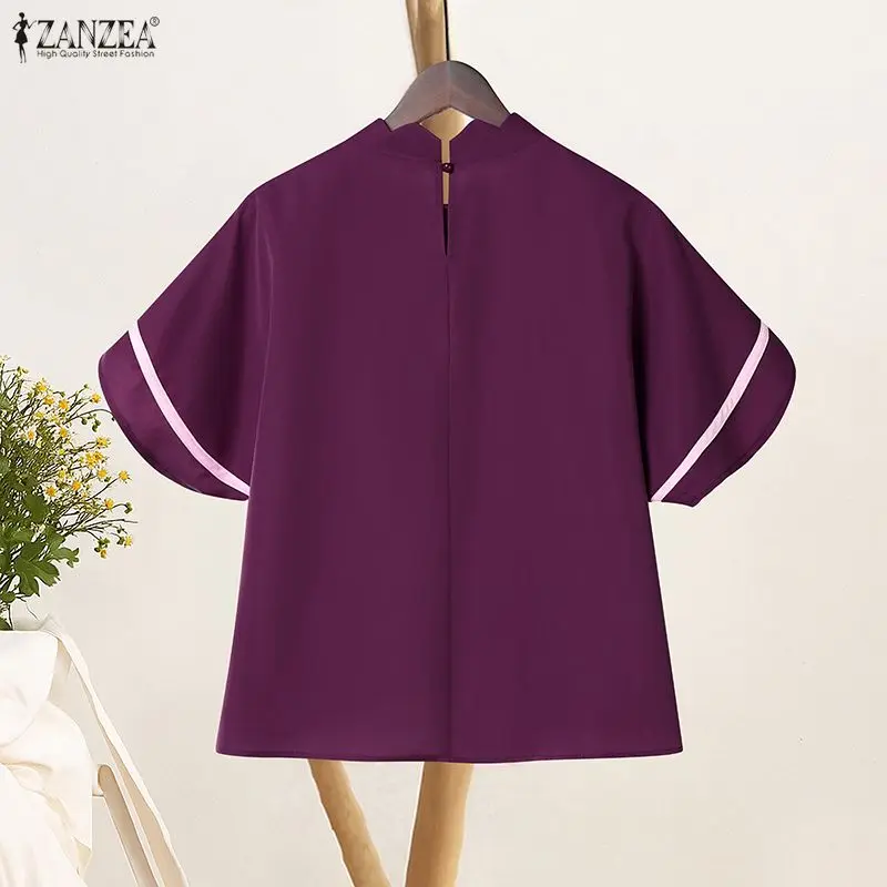 ZANZEA Women's Pleated High-Low Hem Blouses Fashion Scalloped Mock Neck Top with Contrast Trim Bell Sleeves Summer Woman Clothes