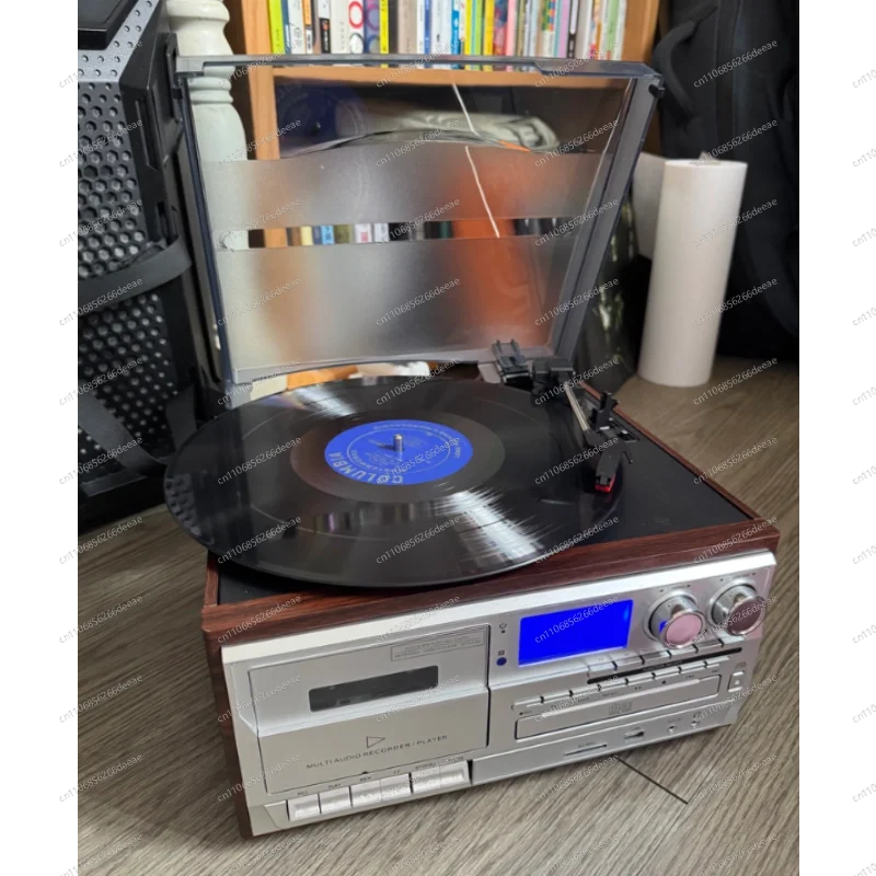 Desktop Vintage Record Player – Plays Vinyl, CD, Cassette & FM Radio, Wireless Bluetooth Speaker