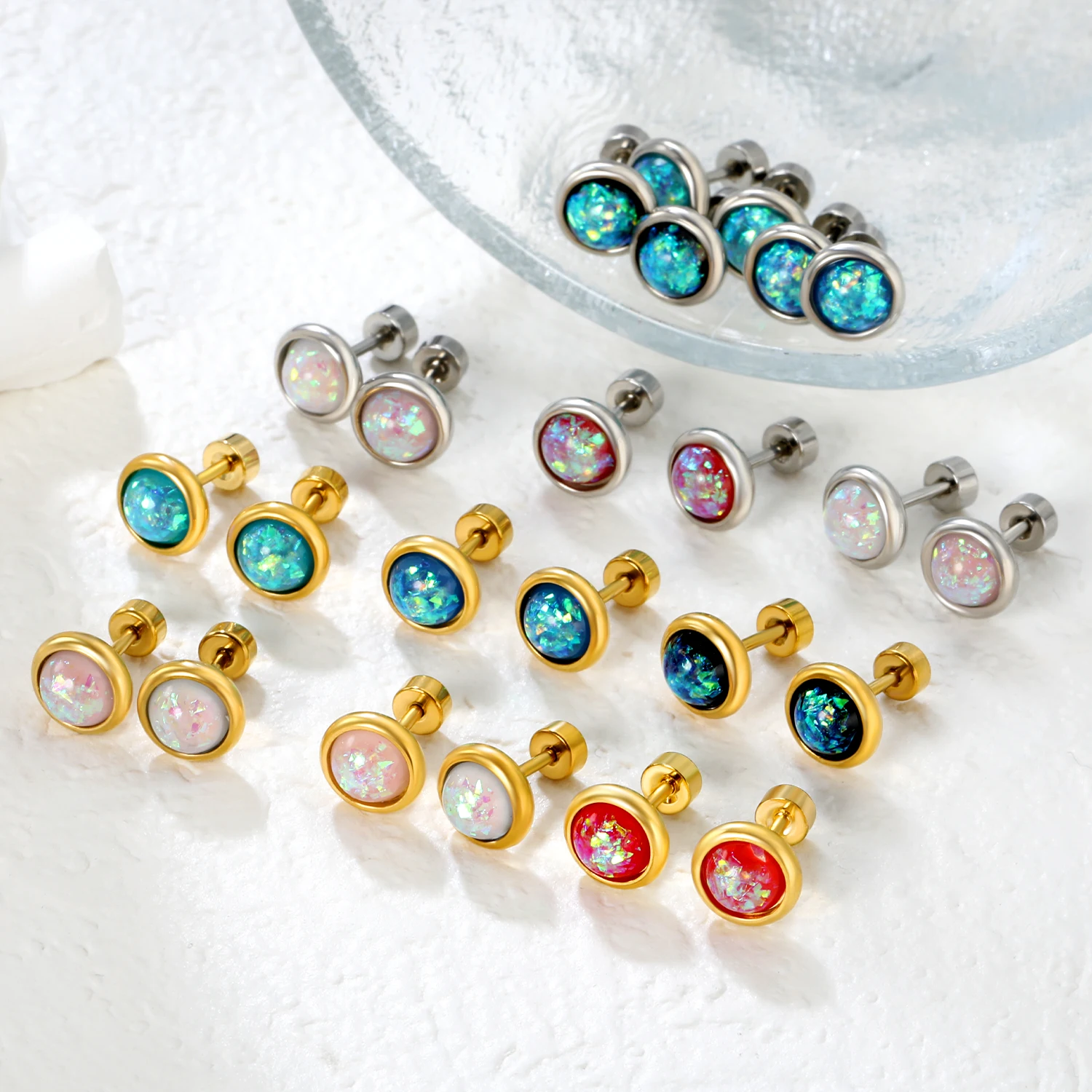 

LUXUKISSKIDS 12pairs/Lots Women's Earrings Round Shape Colorful Shiny Stone Stud Piercing for Teenager/Girls Wholesale Jewelry