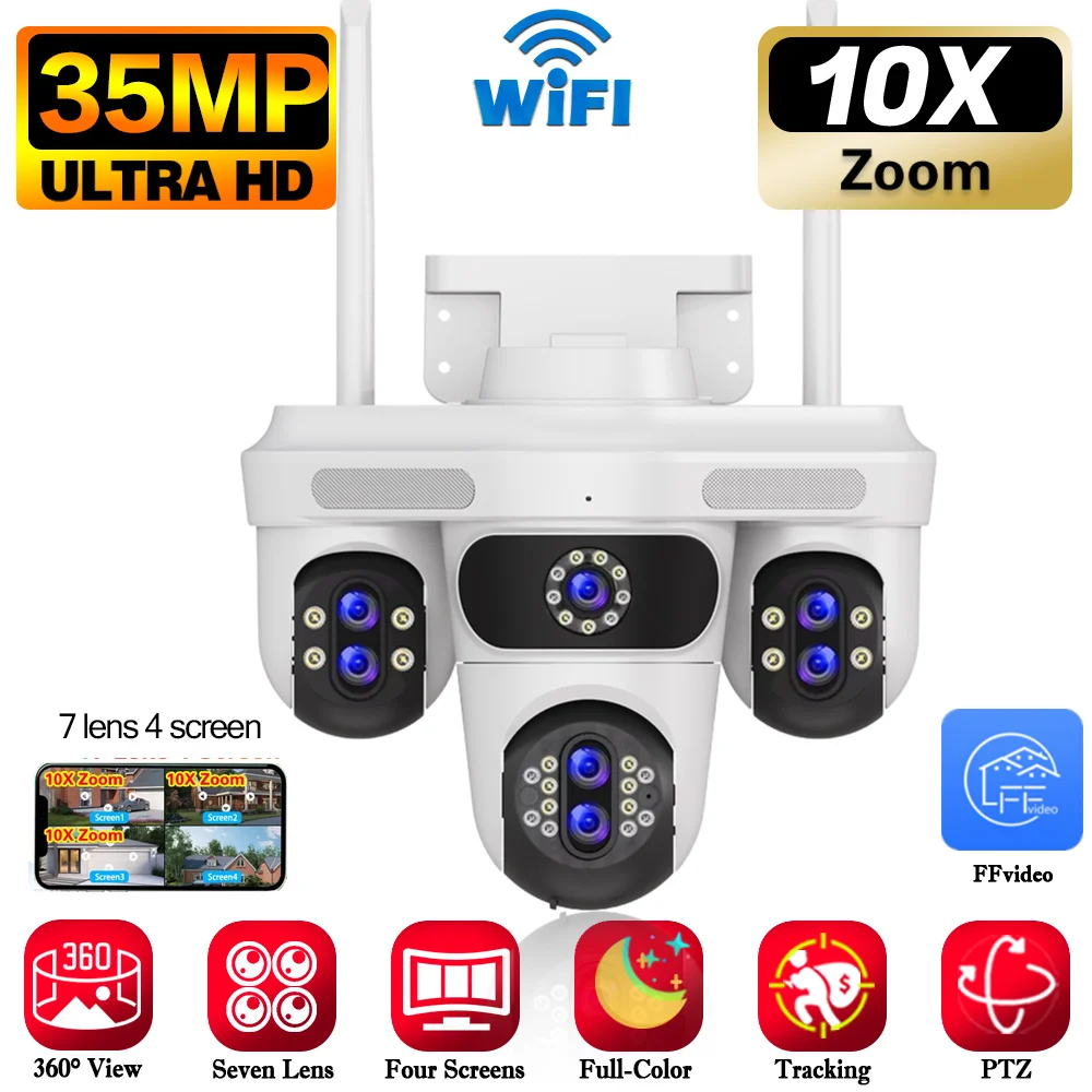 

Белая 7-объективная 4-экранная PTZ IP-камера 35 МП Уличная 4K Беспроводная Wi-Fi камера безопасности 30-кратный PTZ-зум Автоматическое отслеживание Видеокамера видеонаблюдения