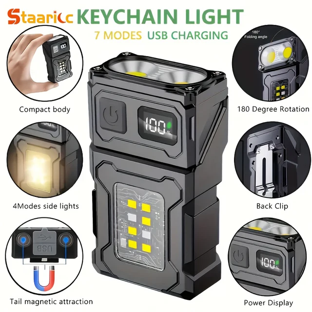 Lanterna Mini LED Super Brilhante Recarregável por USB, Tocha Portátil COB com Base Magnética e Clipe para Camping e Emergências