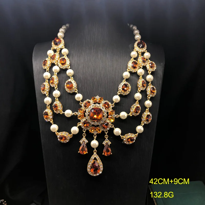 

Classic Heavy Retro Vintage Jewelry Rhinestone Paved White Glass Pearl Water Droplet Temperament Versatile Necklace Earring Set