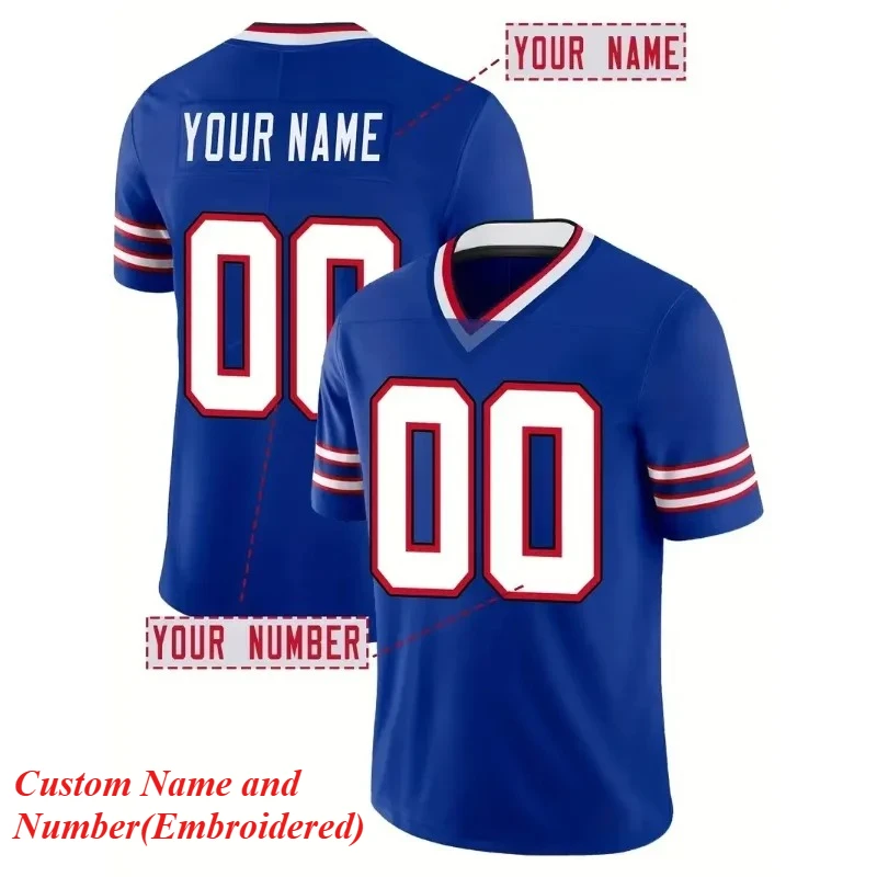 تخصيص اسم ورقم الرجال المطرزة كرة القدم الأمريكية جيرسي الجاموس الأزرق الخامس الرقبة شخصية قميص بأكمام قصيرة #1