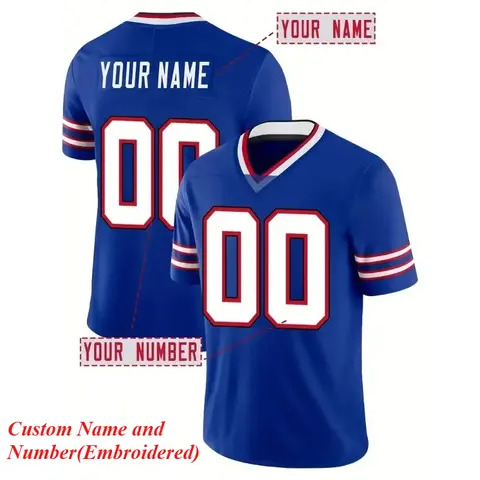 Customized Name And Number Men's Embroidered American Football Jersey Buffalo Blue V-Neck Personalized Short Sleeved Shirt