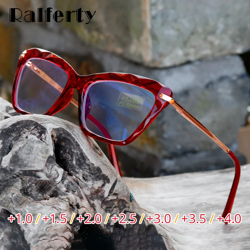 Ralferty 2025 Block Blue Light Reading Glasses Women Cat Eye Glasses Frame Clear Presbyopic Hyperopia Glases Grade +2.0 1.25 0