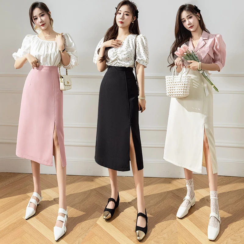 

Women's Skirt High Waist Split Mid-lenth A-line Long Skirt Solid Color Hip Wrap Skirt Office Lady Elegant Fashion 2024 ﻿