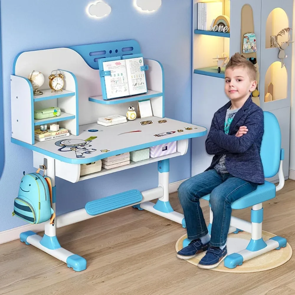 

Kids Functional Desk and Chair Set, Ergonomic Height Adjustable Children School Study Desk with Storage, Book Stand, Metal Hook