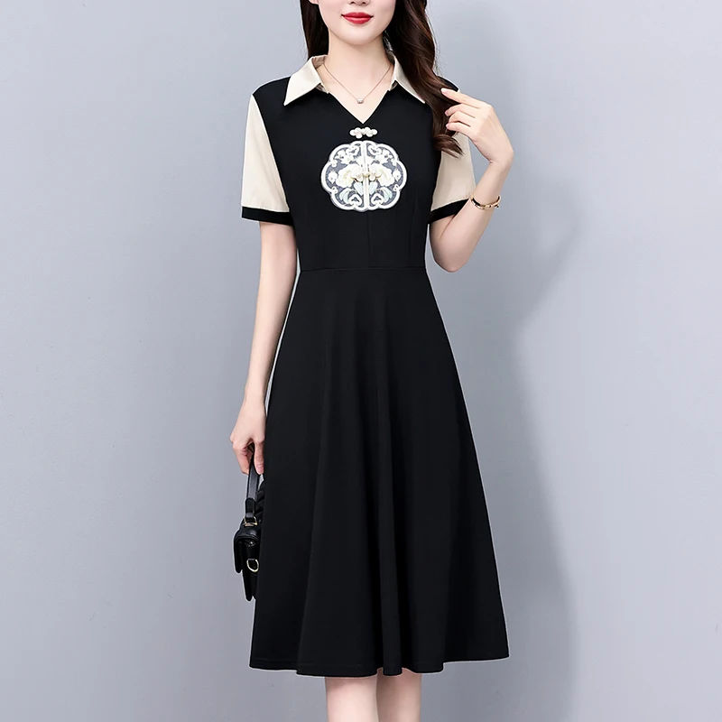 Women Cotton T-shirt Dresses Summer Female V Neck Short Sleeve Large Size 5XL Elegant A Line Black Vintage Embroidery Vestidos