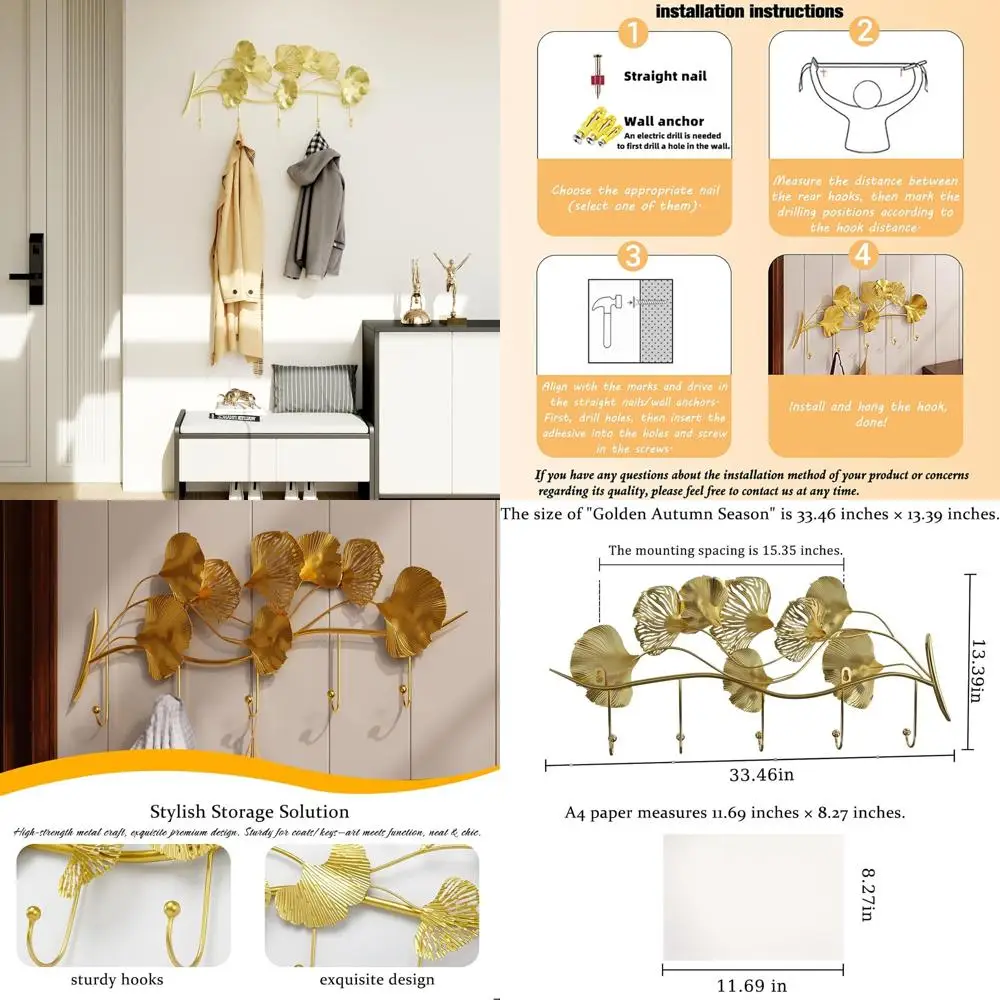 

5-Piece Rustic Autumn Leaf Wall Hooks, Durable Coat Rack with Mounting Kit, Decorative Hanger for Home Entryways and Rooms