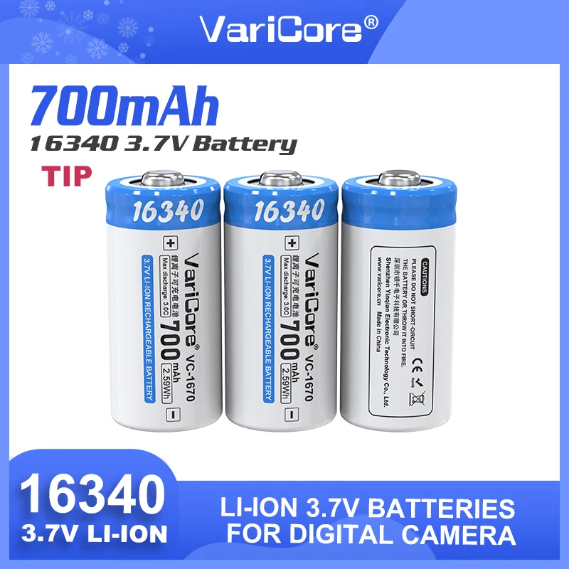 VariCore VC-1670 16340 Con TiP 3.7V 700mAh Batteria ricaricabile agli ioni di litio di grande capacità per la torcia elettrica della fotocamera digitale