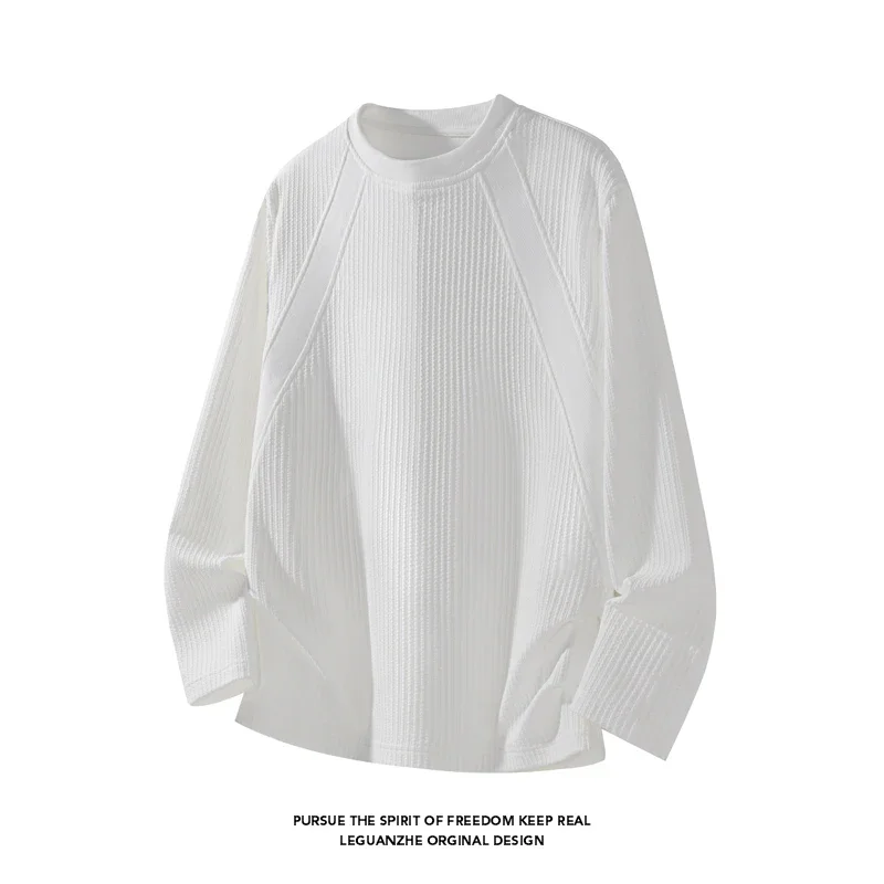 Men Vertical Ribbed Long Sleeve T Shirt Raglan Seam Crew Neck Loose Fit Casual Texture Basic Top