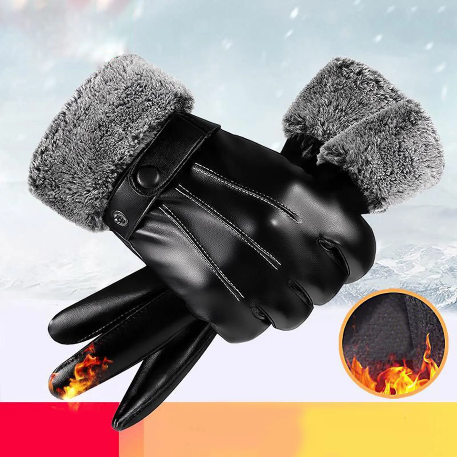 Male Winter Autumn Driving Mittens Waterproof Tactical Glove Fleece Linings Leather Gloves Men\'s PU Leather Cashmere Warm Sports