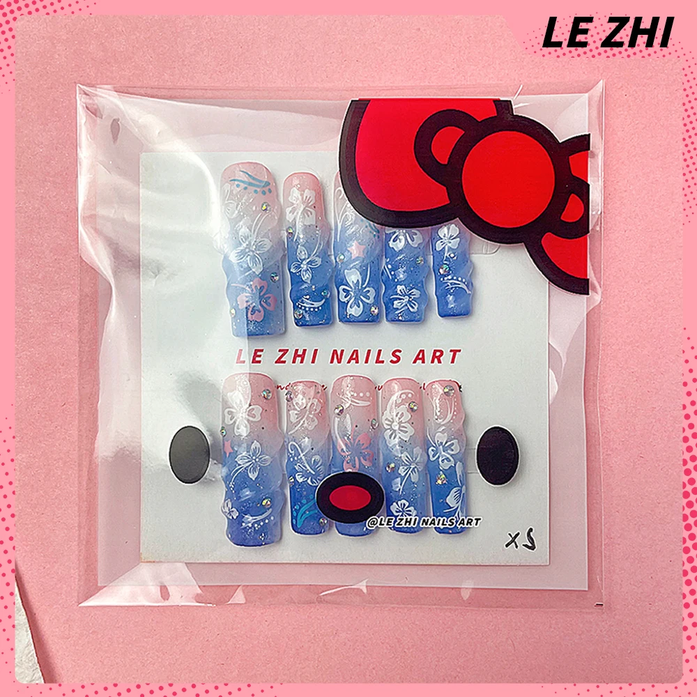 Long Rectangle Y2K Spice Girl Handmade Full Cover Nail Tips Water Ripple Gradient Flower Blue Gradient Wearable Press on Nails