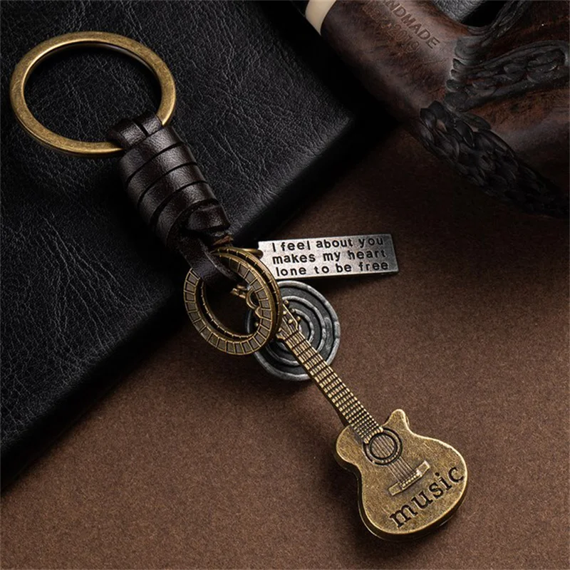 European And American Retro Keychain Creative Small Guitar Leather Keychain Braided Cowhide Key Backpack Pendant