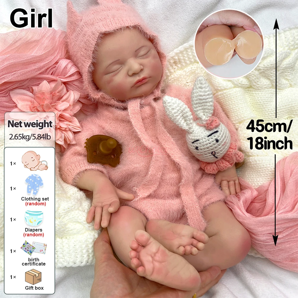 45cm Vollsilikon-Reborn-Babypuppe für Mädchen mit Schnulleroption, Realistische Neugeborenen-Puppe mit Gewicht, Reduziert Angst bei Alzheimer-Patienten