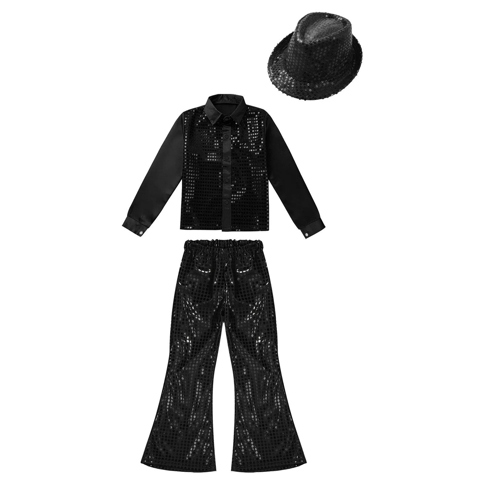 Kids Jazz Dance Costumes Children Boys Girls Modern Disco Dancing Outfits Party Shiny Sequin Dance Shirts Flared Pants and Hat