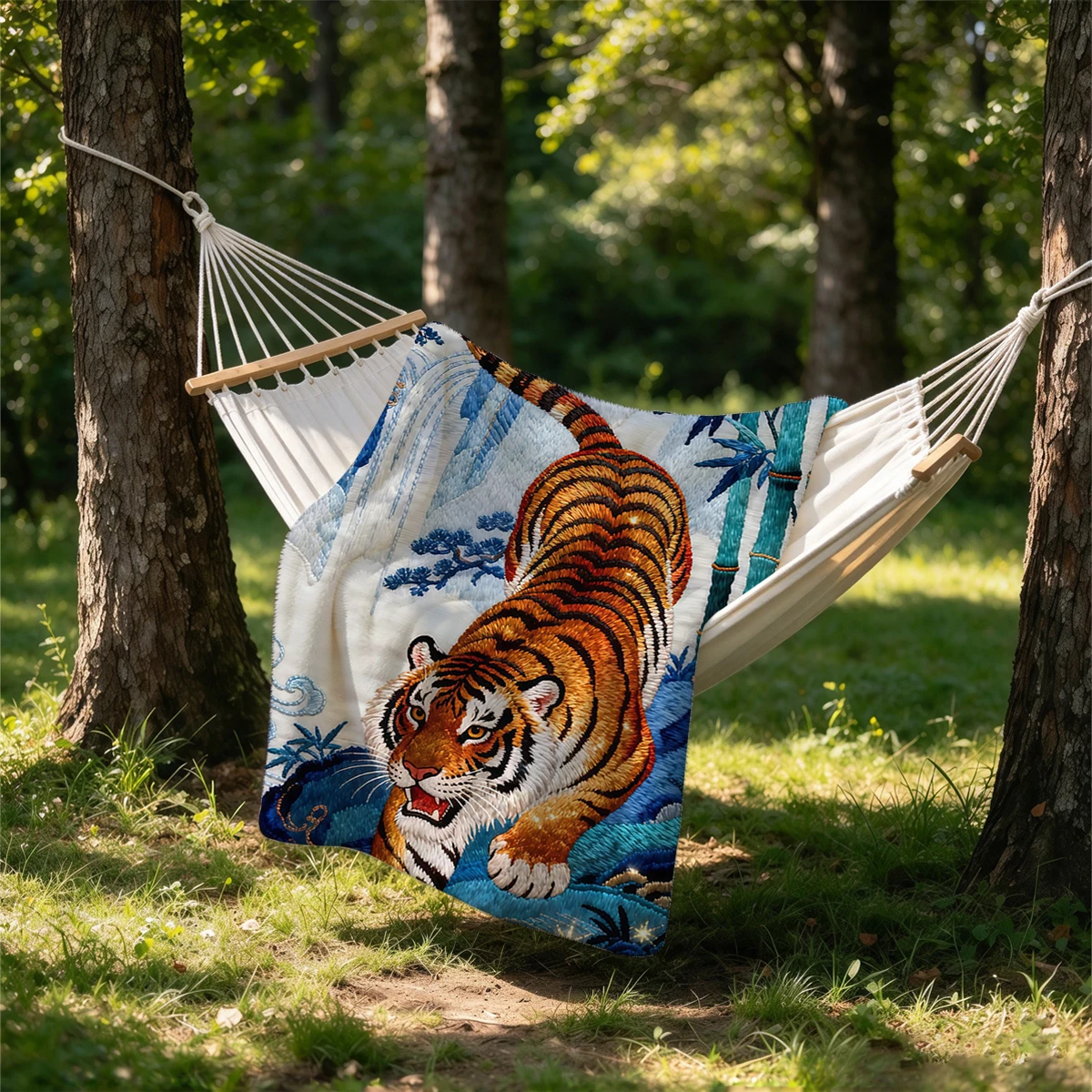 Embroidery Tiger Flannel Blanket Warm Soft Halloween Christmas Couch Warm Cozy Decorative Decor Gift for All Season