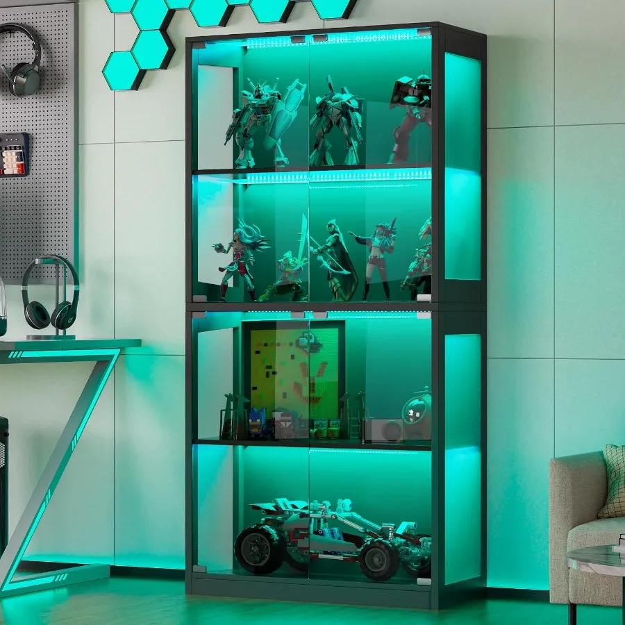 Display Cabinet with Glass Doors for Collectibles, Tempered Glass, White, 4-Tier Design with 12 Color LED Lights and Adjustable