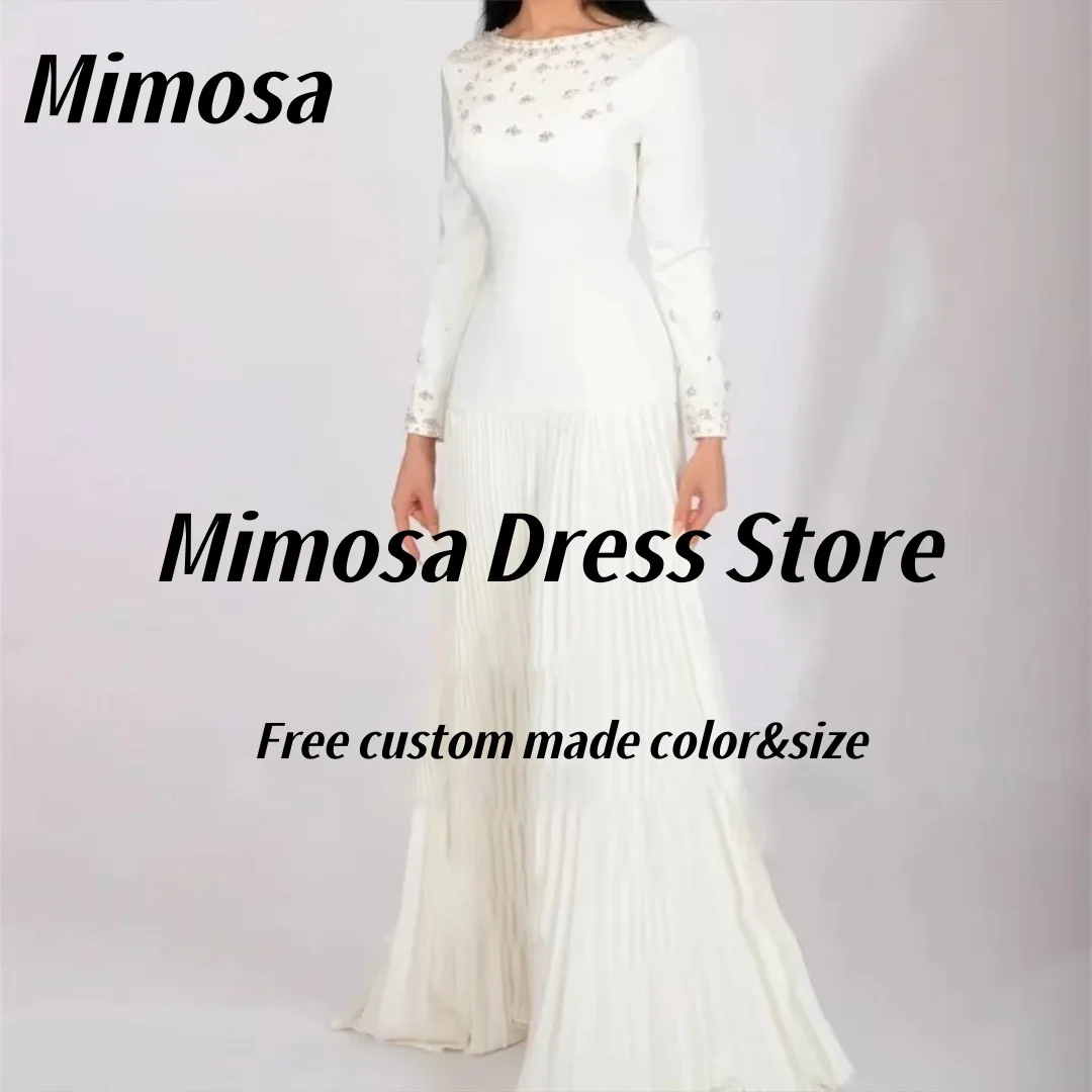 

Mimosa Formal Banquet Evening Dresses with Beaded Long Sleeves Prom Dress Zipper Back Pleats Vestidos Des Noches Customized