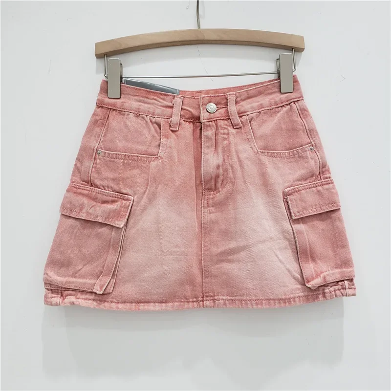 Denim Skirt Women Summer New High Waist Pink Work Suit A-line Wrapped Hip Short Skirt