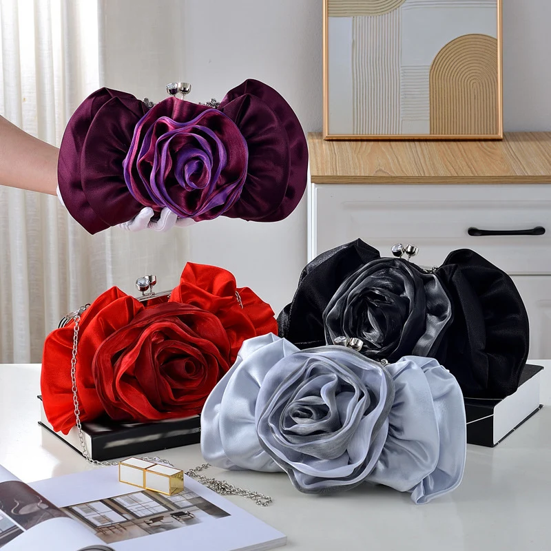 

Elegant Roseflower Satin Clutches Bag Diamond Rose Flower Bride Evening Bag for Women Banquet Dinner Cheongsam Dress Handbag