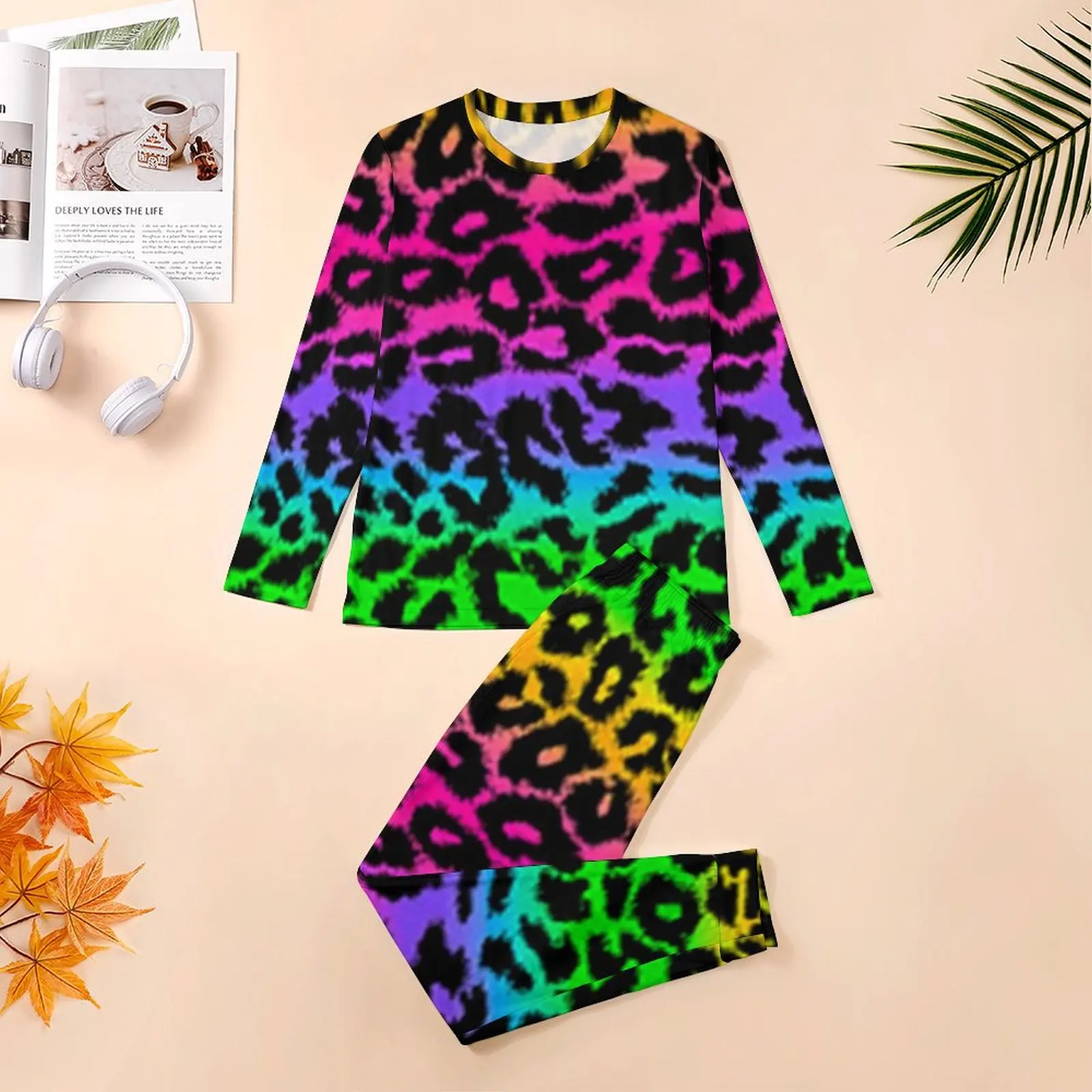 Fantasy Rainbow Pajamas Male Leopard Print Retro Sleepwear Spring Long-Sleeve 2 Pieces Casual Graphic Pajamas Set Big Size