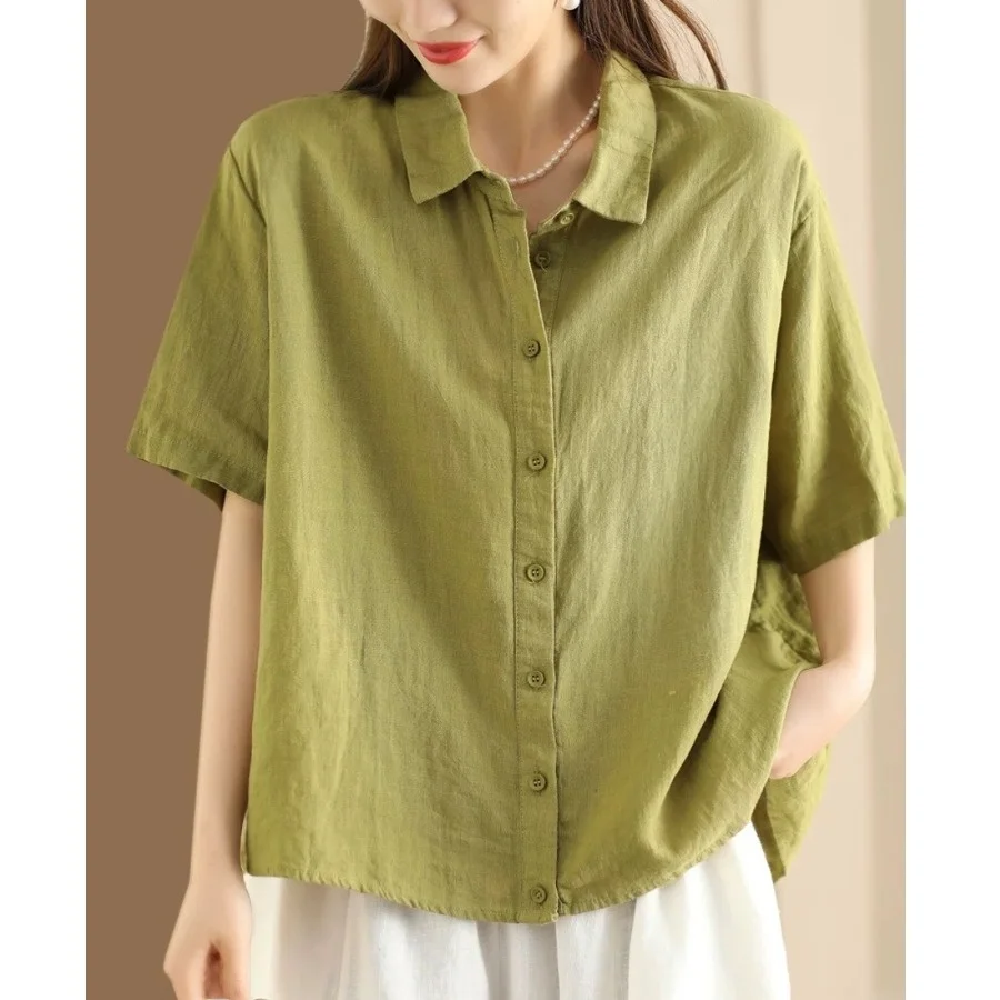 

Linen irt Women Summer Casual ort Sve Turn-down Collar Color Top Ele Versatile Faionable Cotton 70% Linen 30%