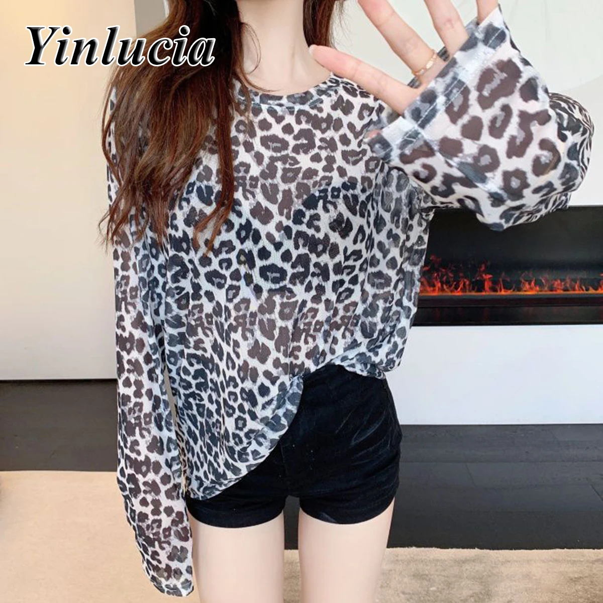 بلايز النساء البلوزات مثير شبكة قميص فضفاض الوردي ليوبارد طباعة المحملة تصميم بلوزة شفافة أنيقة طويلة الأكمام Y2K الشارع ارتداء #5