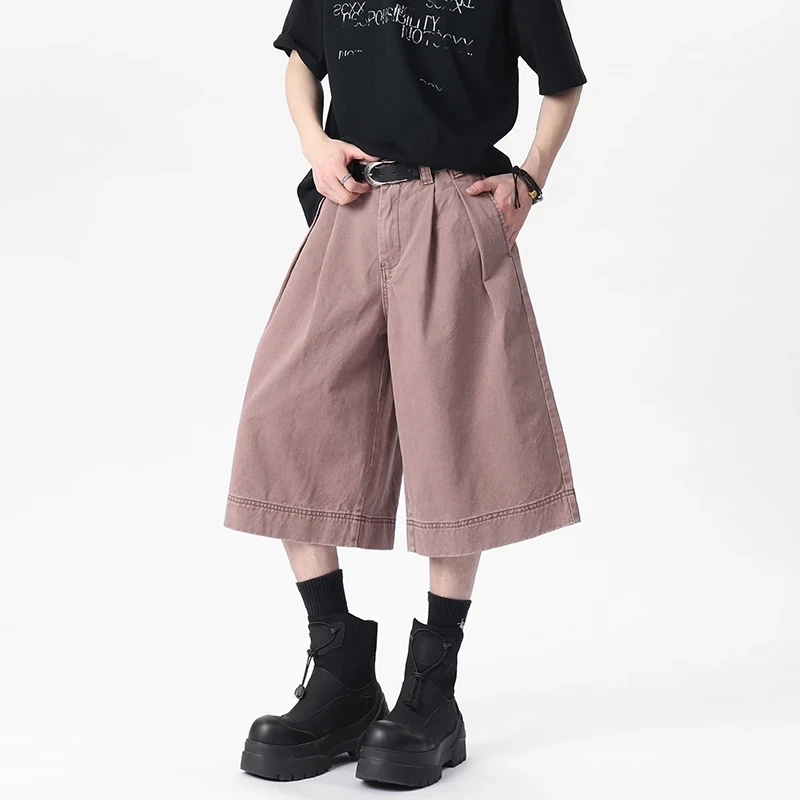 

Summer New Wide Leg Men's Shorts Beige Fashion Pleated High Waist Design Casual Loose Wide Leg Knee Length Pants