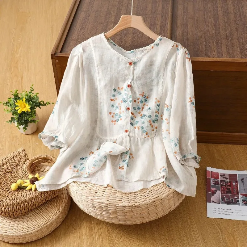 

Women's Vintage Floral Print Ruffle Hem 3/4 Sleeve Linen Blouse Casual Summer Top