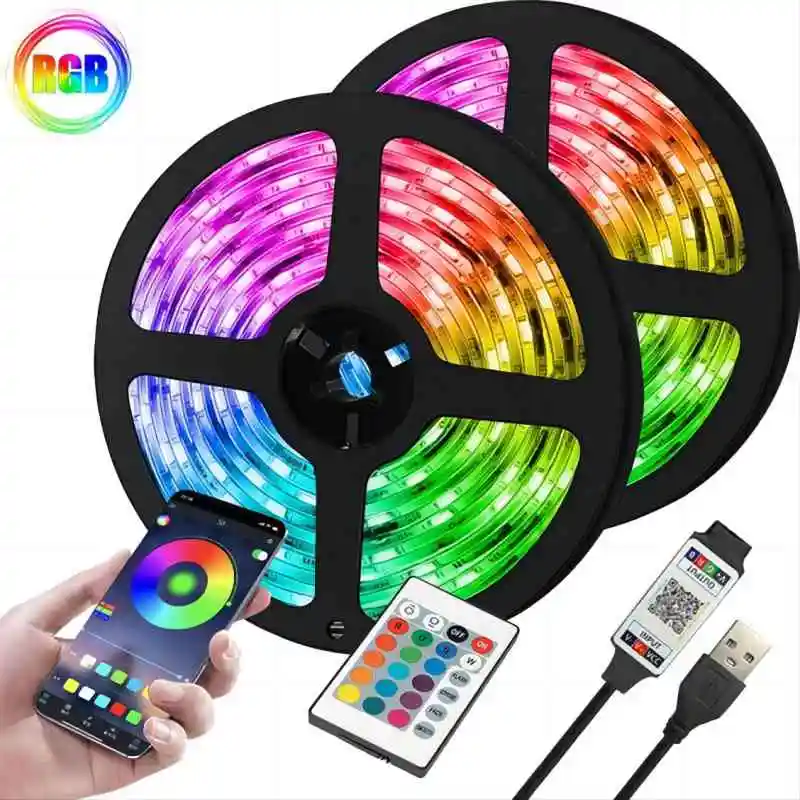 RGB LED 스트립 라이트, USB 24 키 블루투스 리모컨, 유연한 램프 테이프, TV 배경 홈 데코, DC5V, 1 m, 2 m, 3 m, 4 m, 5 m, 10m