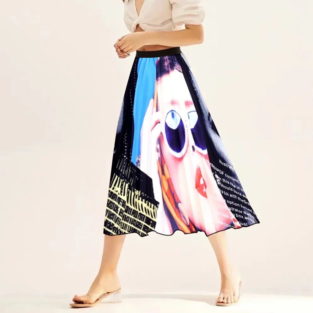 Spot Festive and Interesting Graffiti Pleated Skirt with Exquisite Satin Surface, Western Style and Women's Clothing