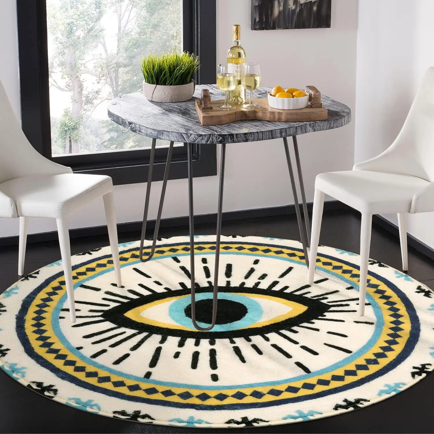 Blue Evil Eye Round Area Rugs Non-Slip Super Soft Velvet Vintage Blue Living Room Rug,Creative Tribal Style Boho Circle Rug